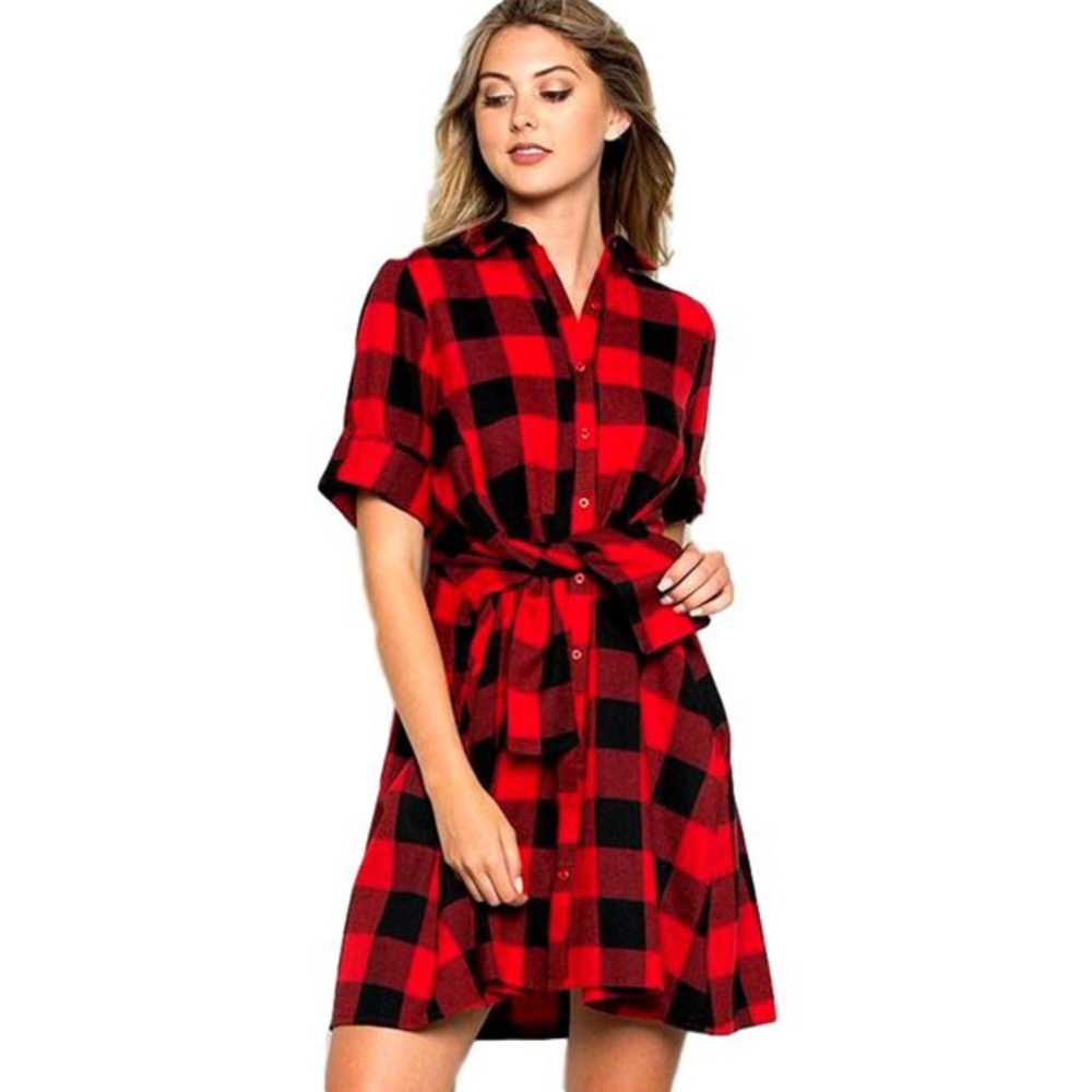 CY Fashion Buffalo Plaid Tie Dress